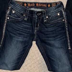 Rock Revival Dark Blue Boot Cut Jeans with Embellished Pockets